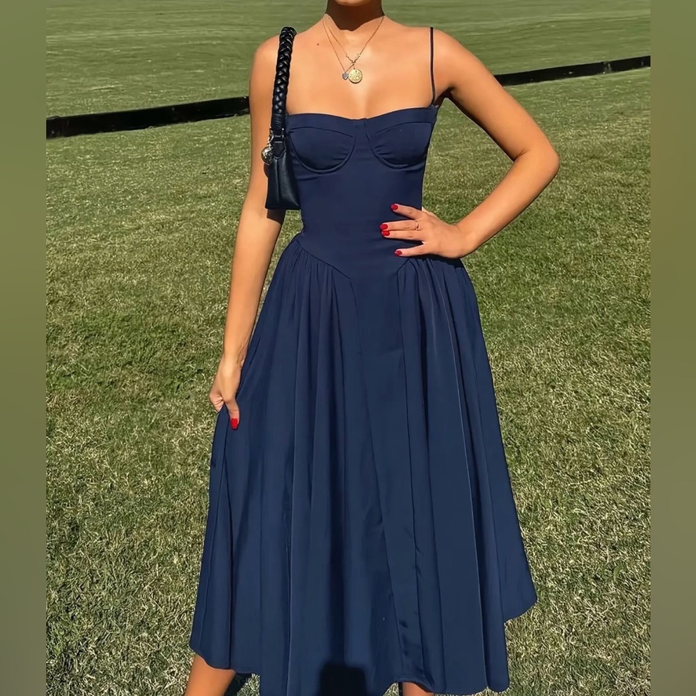 Navy Spaghetti-Strap Midi Dress